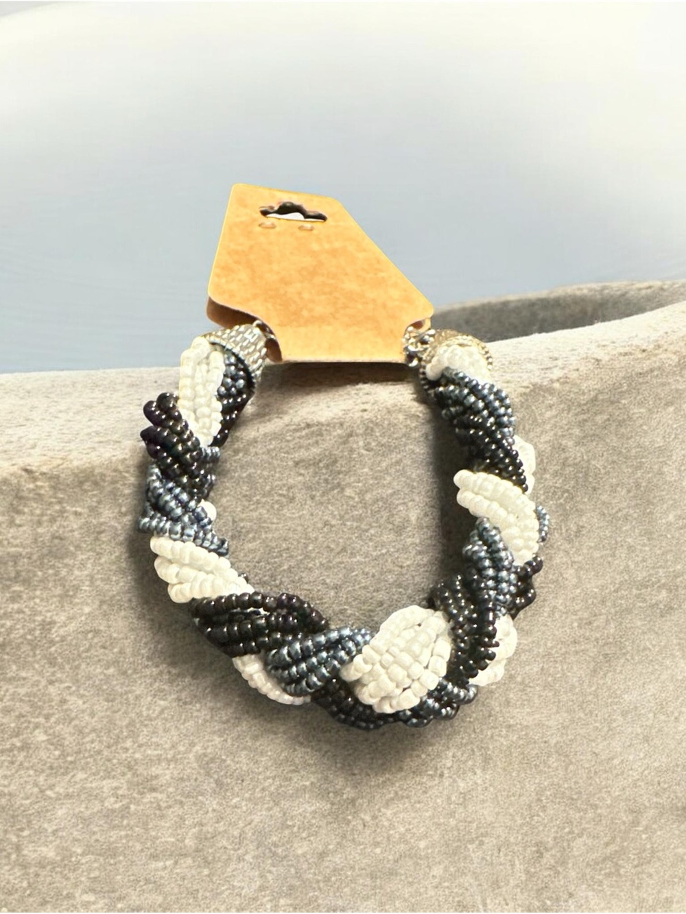 Braided Seed Bead Bracelet - White & Gray
430